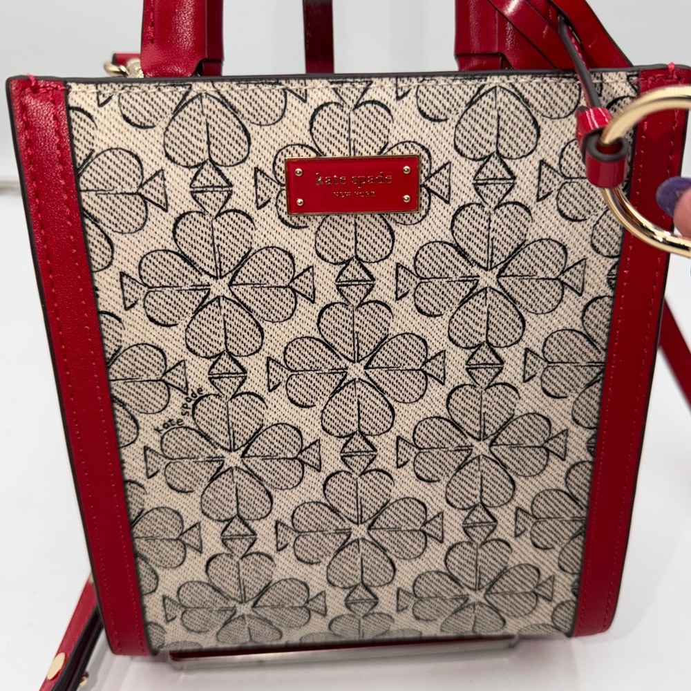 kate spade Red and Beige Printed Crossbody Tote with Heart Charm - Picture 5 of 11